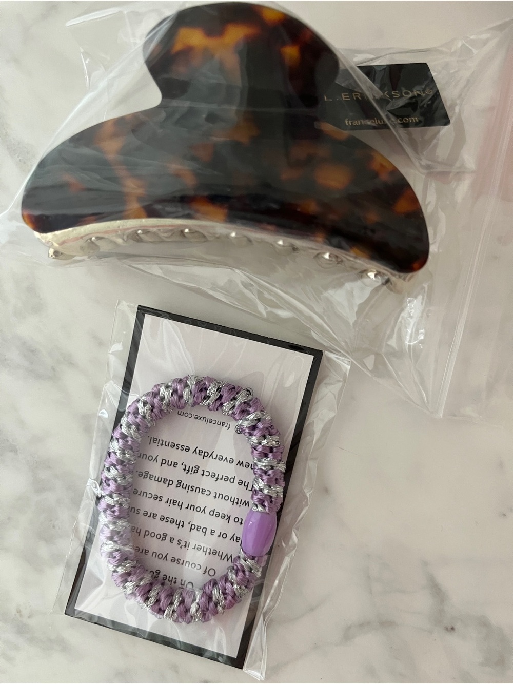 France Luxe L. Erickson Tortoise & Gold Claw Clip + Lavender Grab & Go Pony New